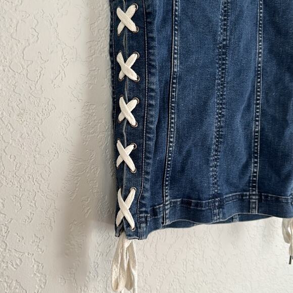 Free People Denim Jean Pencil Skirt Lace Up Ties Western Boho Cowgirl Y2K - Picture 3 of 8